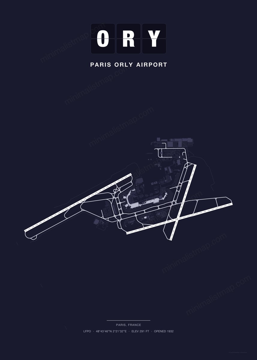 ORY Paris Orly Airport map poster, Dark style, minimalist navy airport map