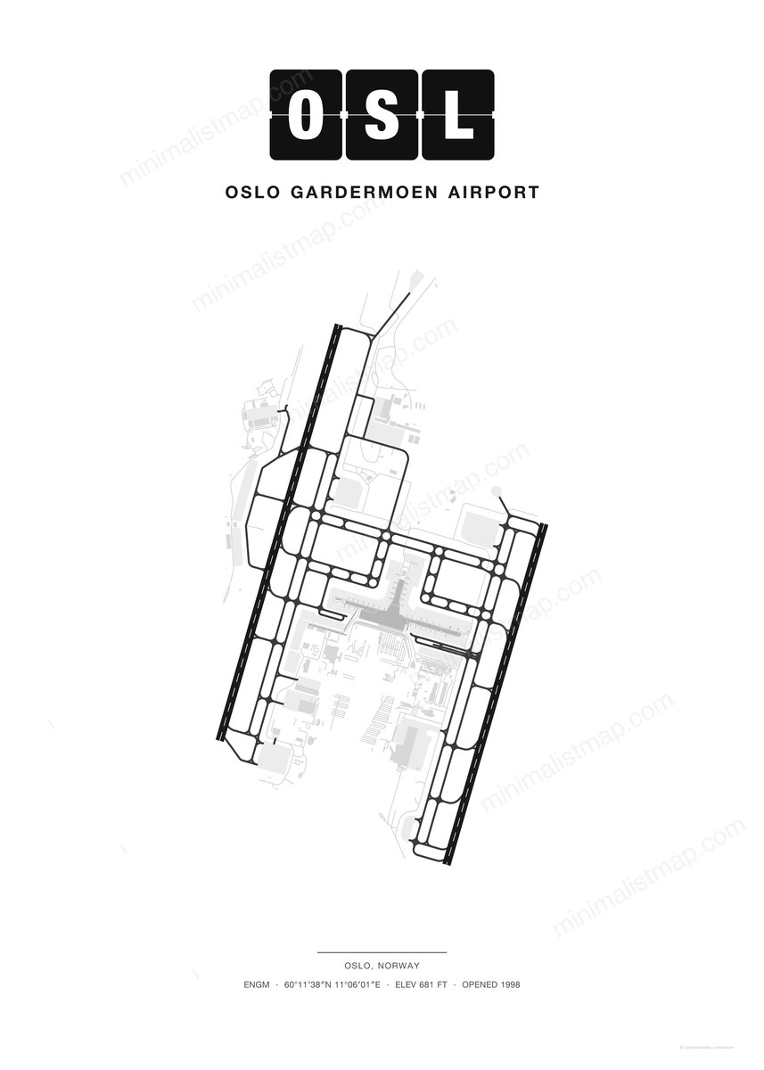 OSL Oslo Gardermoen Airport map poster, Classic style, minimalist black and white airport map