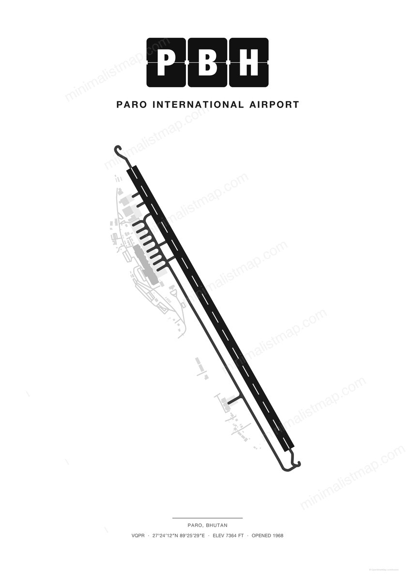 PBH Paro International Airport map poster, Classic style, minimalist black and white airport map