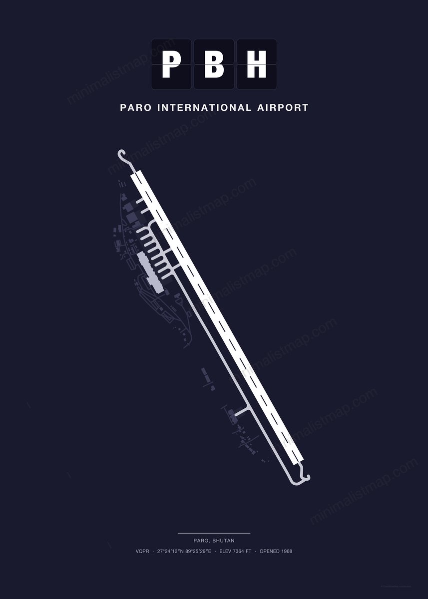 PBH Paro International Airport map poster, Dark style, minimalist navy airport map