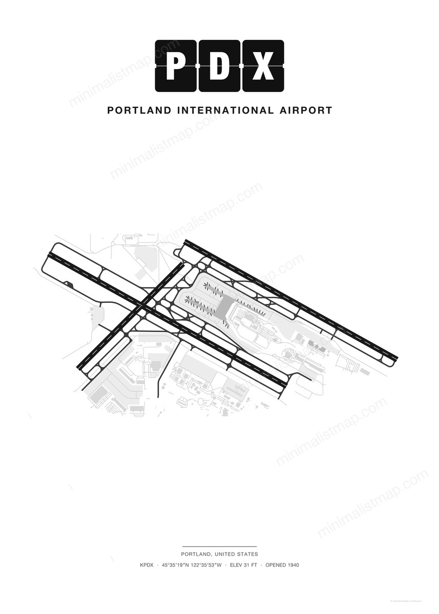 PDX Portland International Airport map poster, Classic style, minimalist black and white airport map
