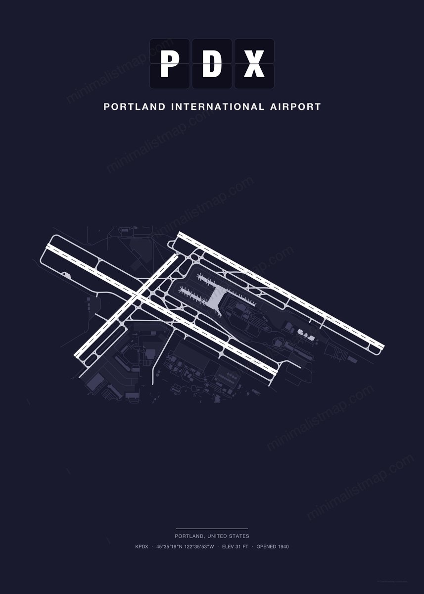 PDX Portland International Airport map poster, Dark style, minimalist navy airport map