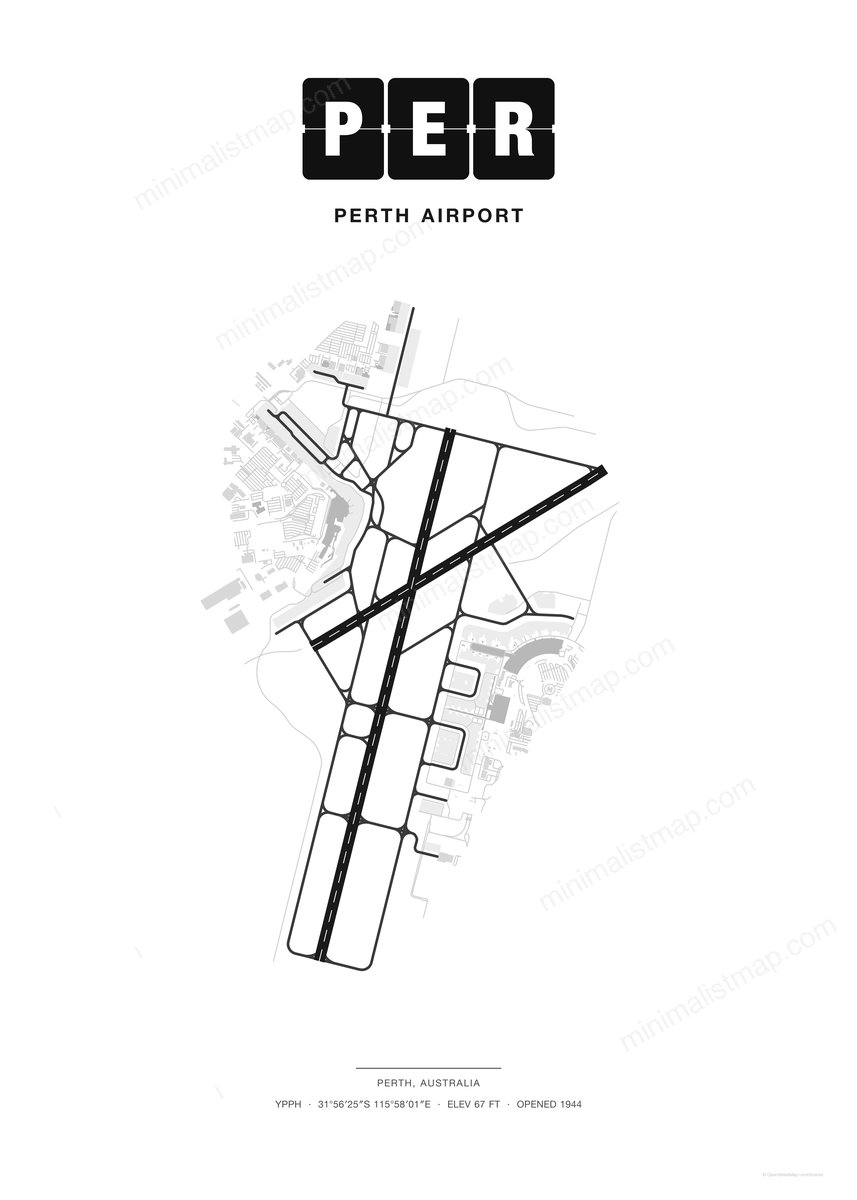 PER Perth Airport map poster, Classic style, minimalist black and white airport map