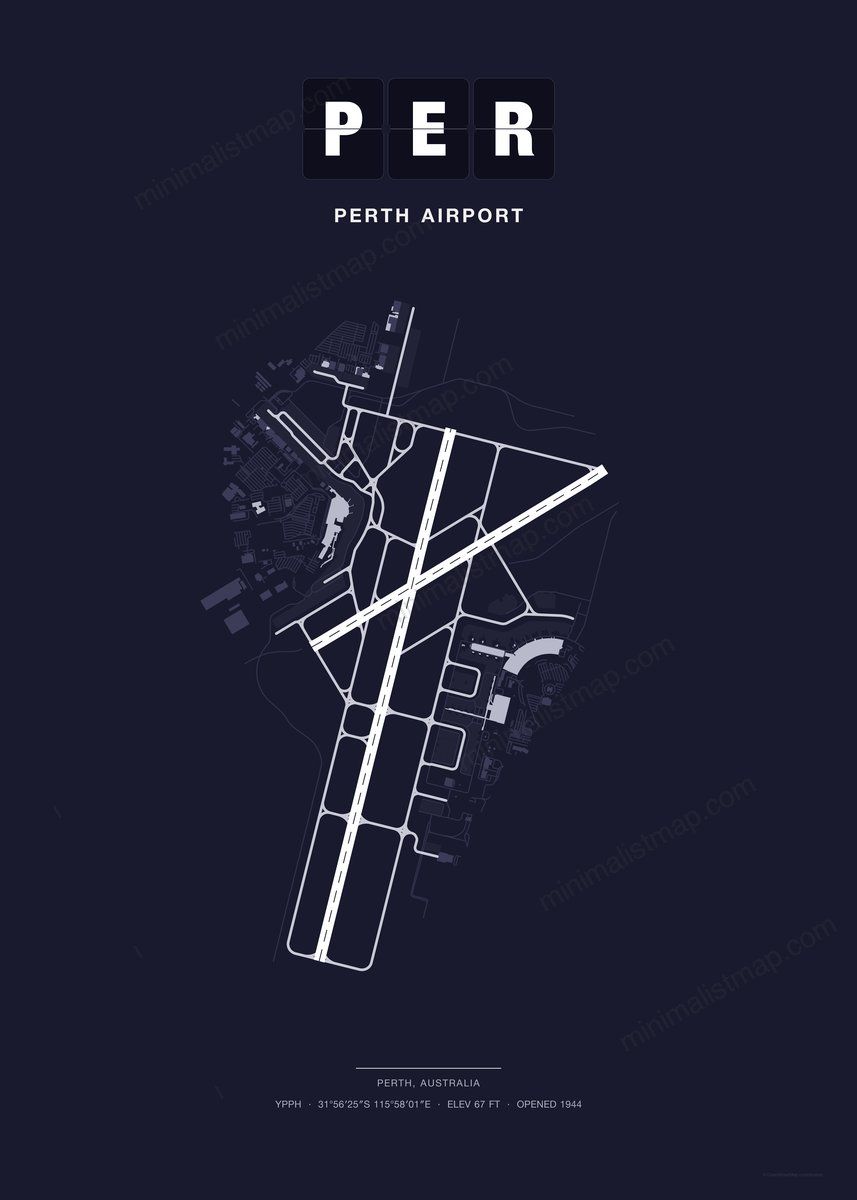 PER Perth Airport map poster, Dark style, minimalist navy airport map