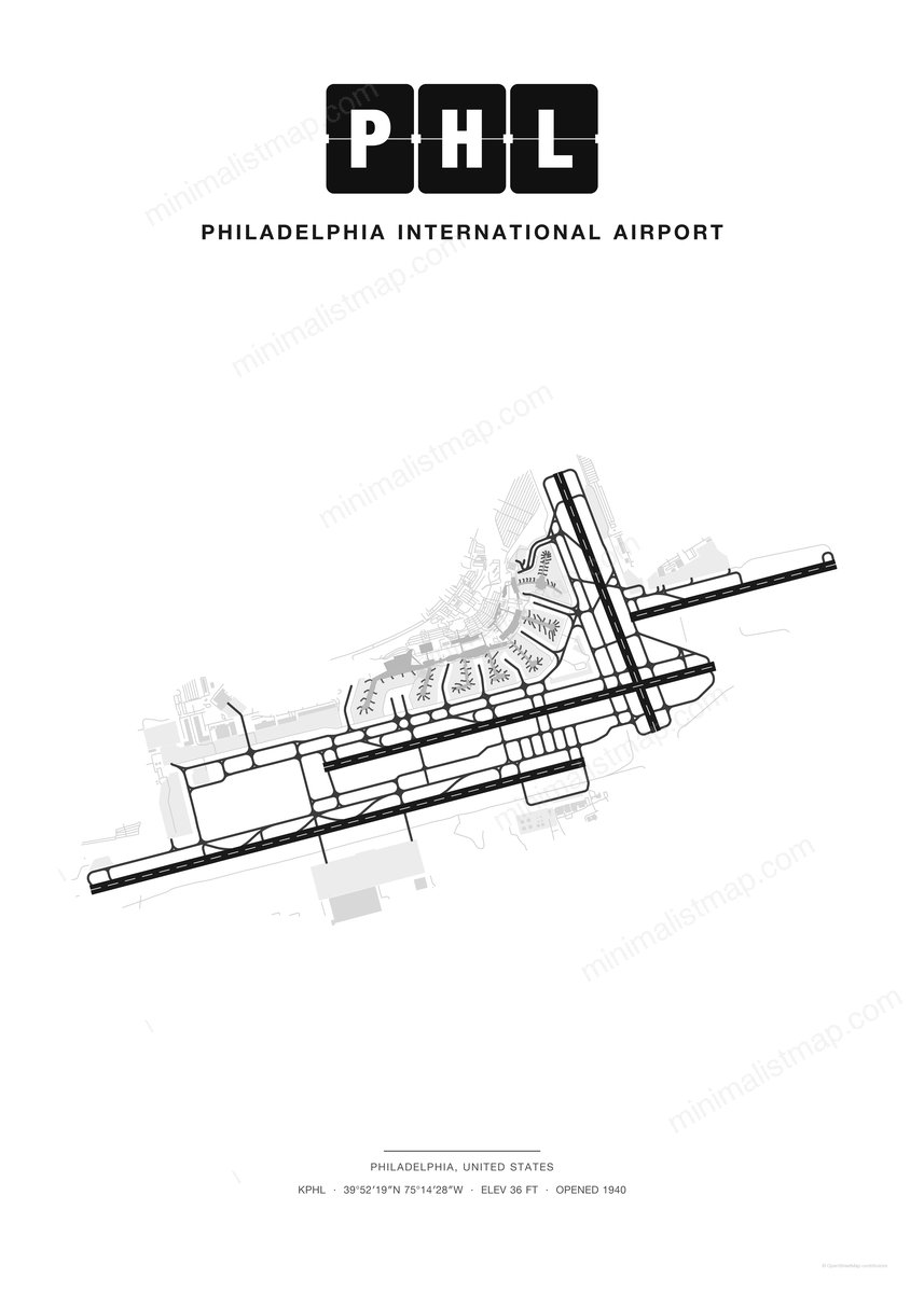 PHL Philadelphia International Airport map poster, Classic style, minimalist black and white airport map