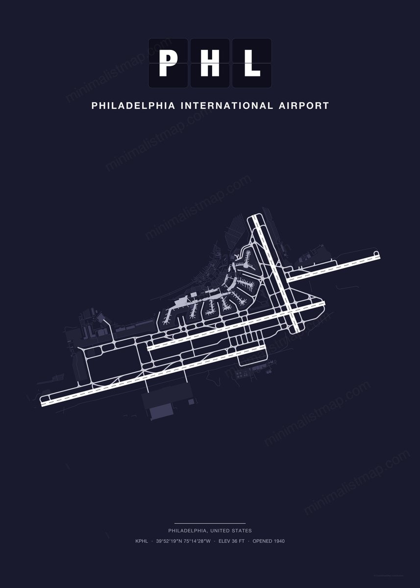 PHL Philadelphia International Airport map poster, Dark style, minimalist navy airport map