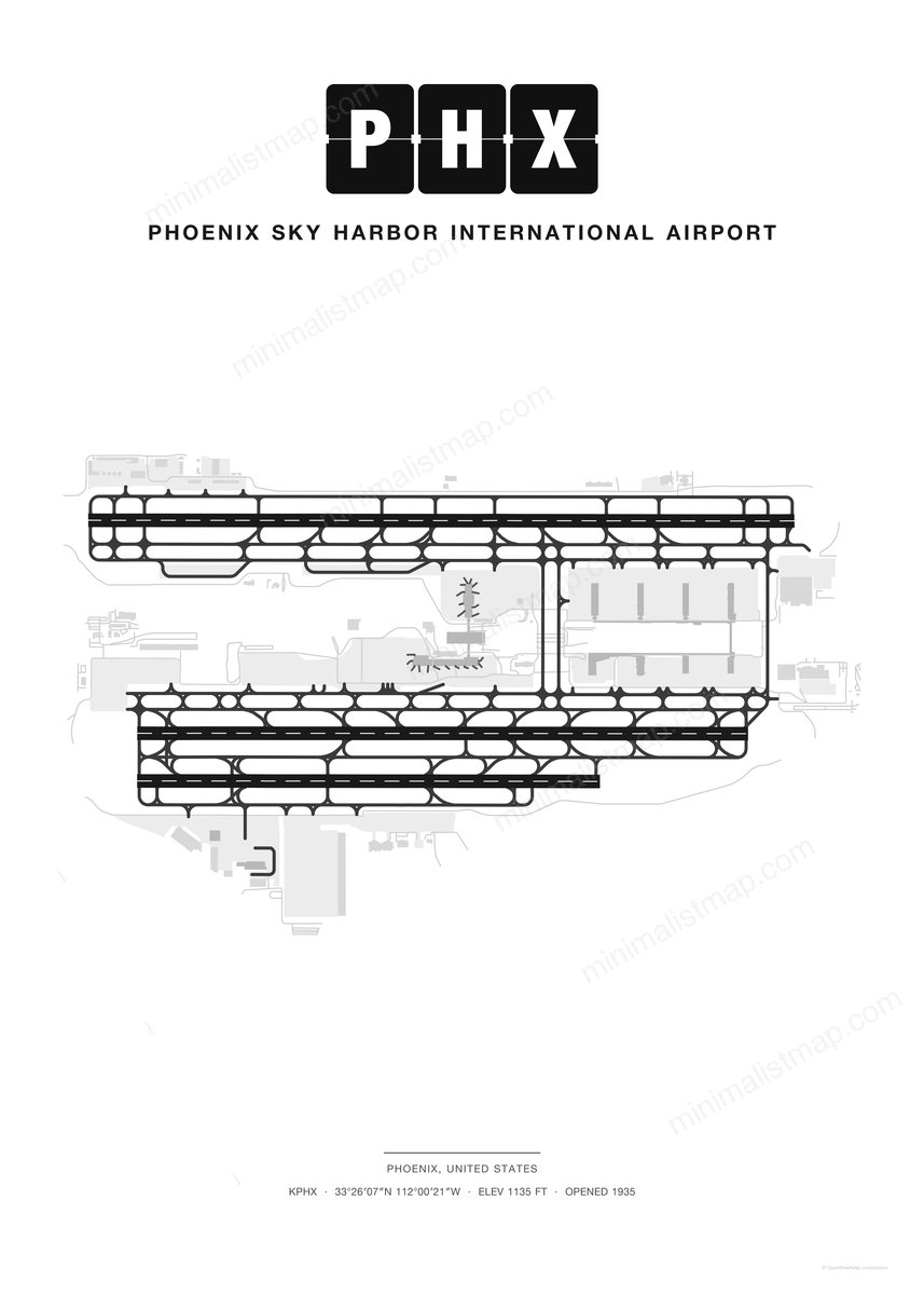 PHX Phoenix Sky Harbor International Airport map poster, Classic style, minimalist black and white airport map
