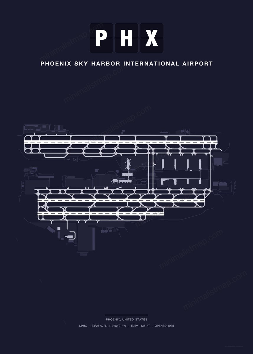 PHX Phoenix Sky Harbor International Airport map poster, Dark style, minimalist navy airport map