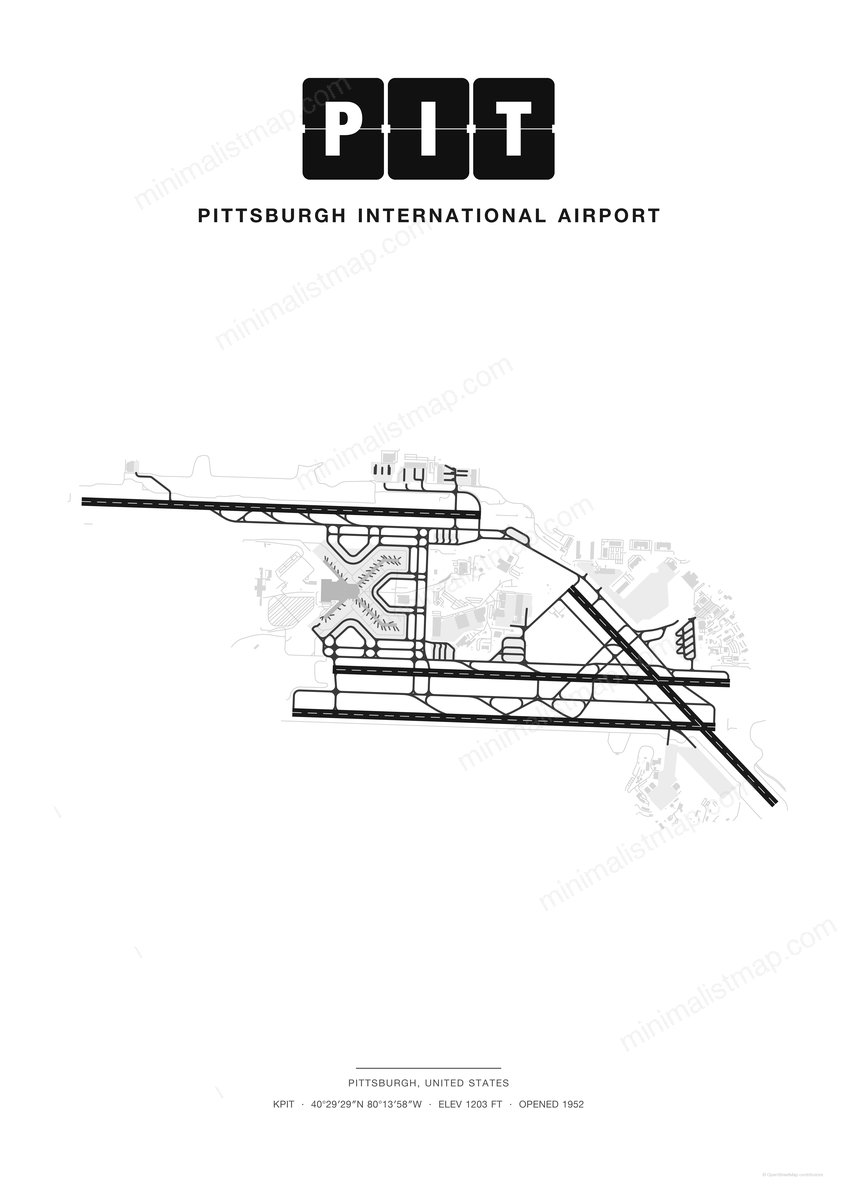 PIT Pittsburgh International Airport map poster, Classic style, minimalist black and white airport map