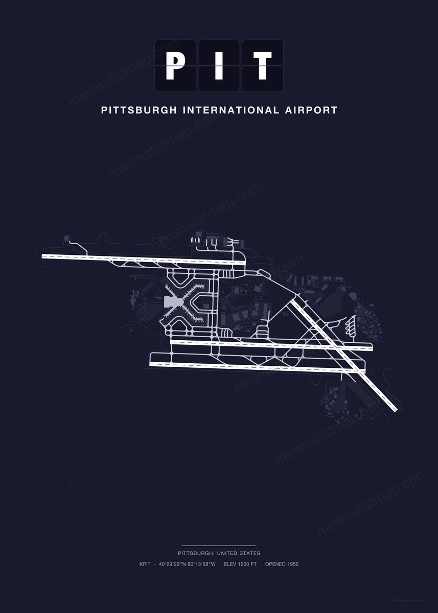 PIT Pittsburgh International Airport map poster, Dark style, minimalist navy airport map