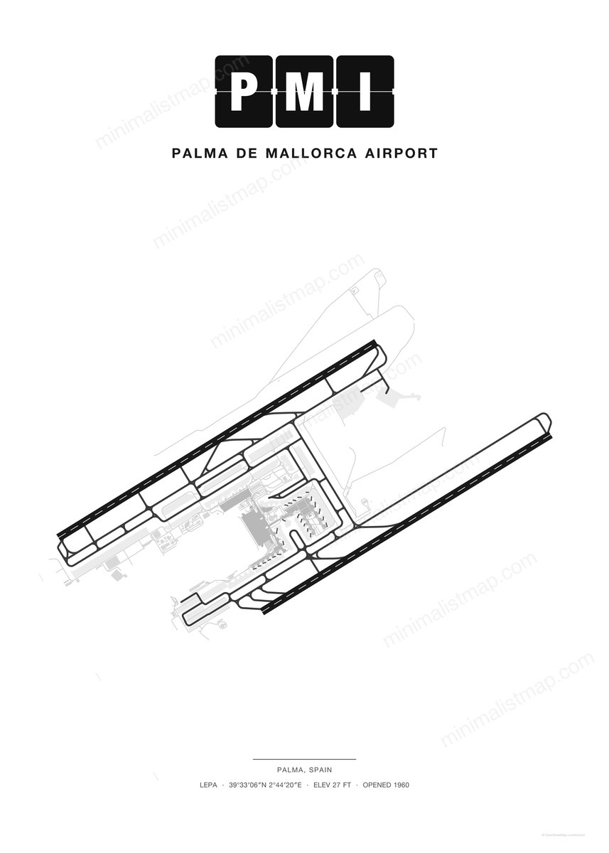 PMI Palma de Mallorca Airport map poster, Classic style, minimalist black and white airport map