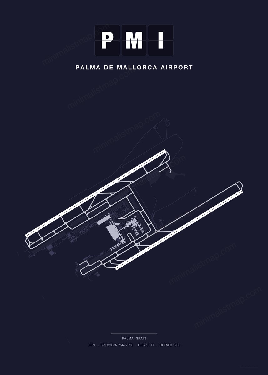 PMI Palma de Mallorca Airport map poster, Dark style, minimalist navy airport map