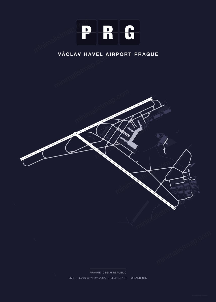 PRG Václav Havel Airport Prague map poster, Dark style, minimalist navy airport map