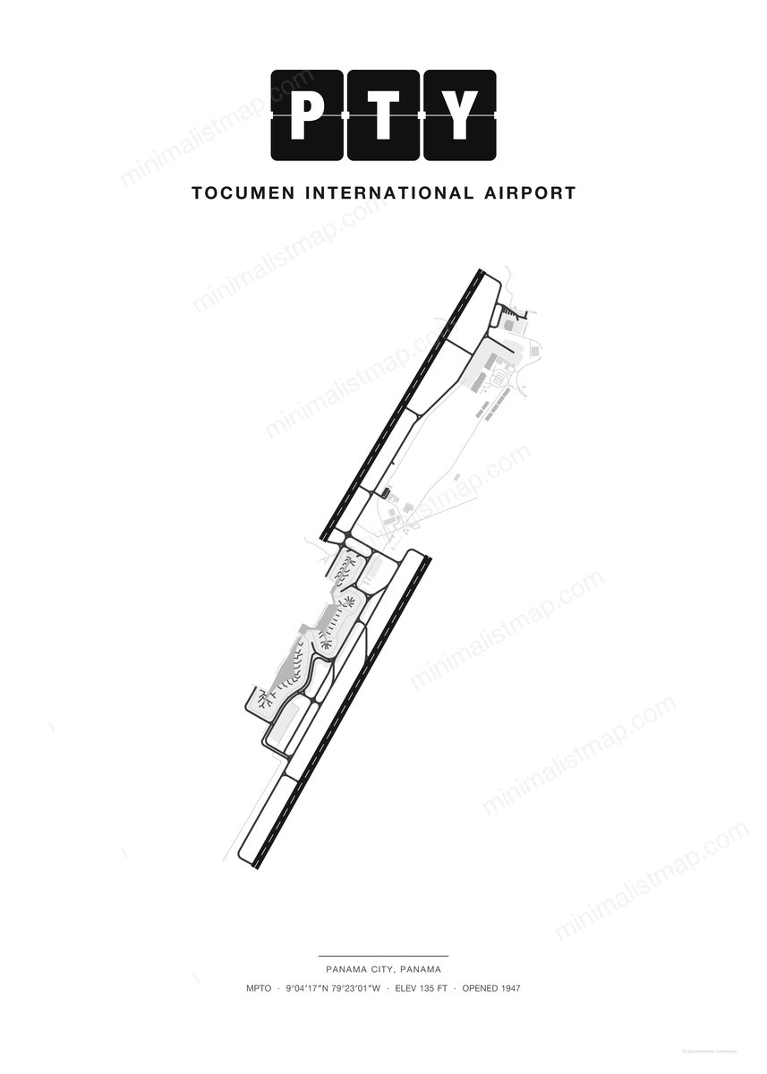 PTY Tocumen International Airport map poster, Classic style, minimalist black and white airport map
