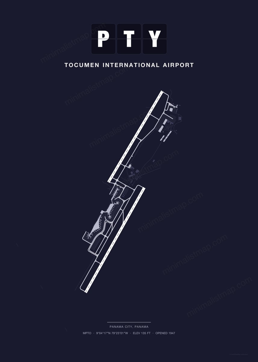 PTY Tocumen International Airport map poster, Dark style, minimalist navy airport map
