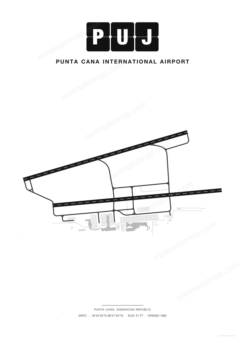 PUJ Punta Cana International Airport map poster, Classic style, minimalist black and white airport map