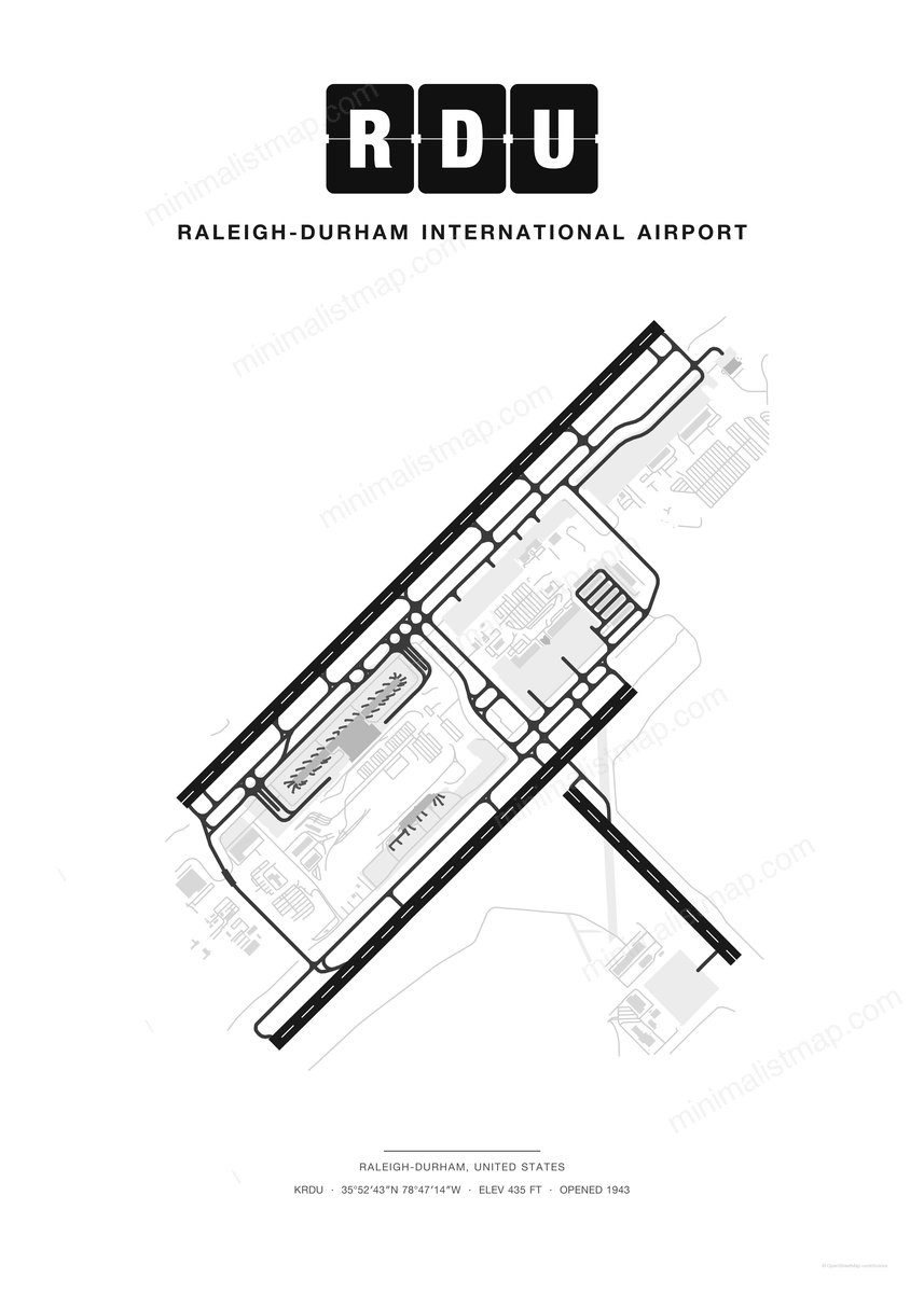 RDU Raleigh-Durham International Airport map poster, Classic style, minimalist black and white airport map