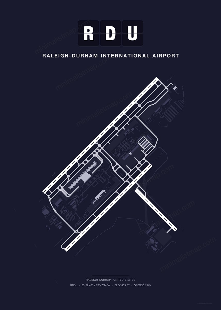 RDU Raleigh-Durham International Airport map poster, Dark style, minimalist navy airport map