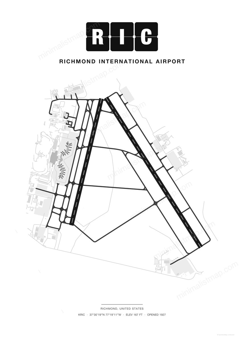 RIC Richmond International Airport map poster, Classic style, minimalist black and white airport map