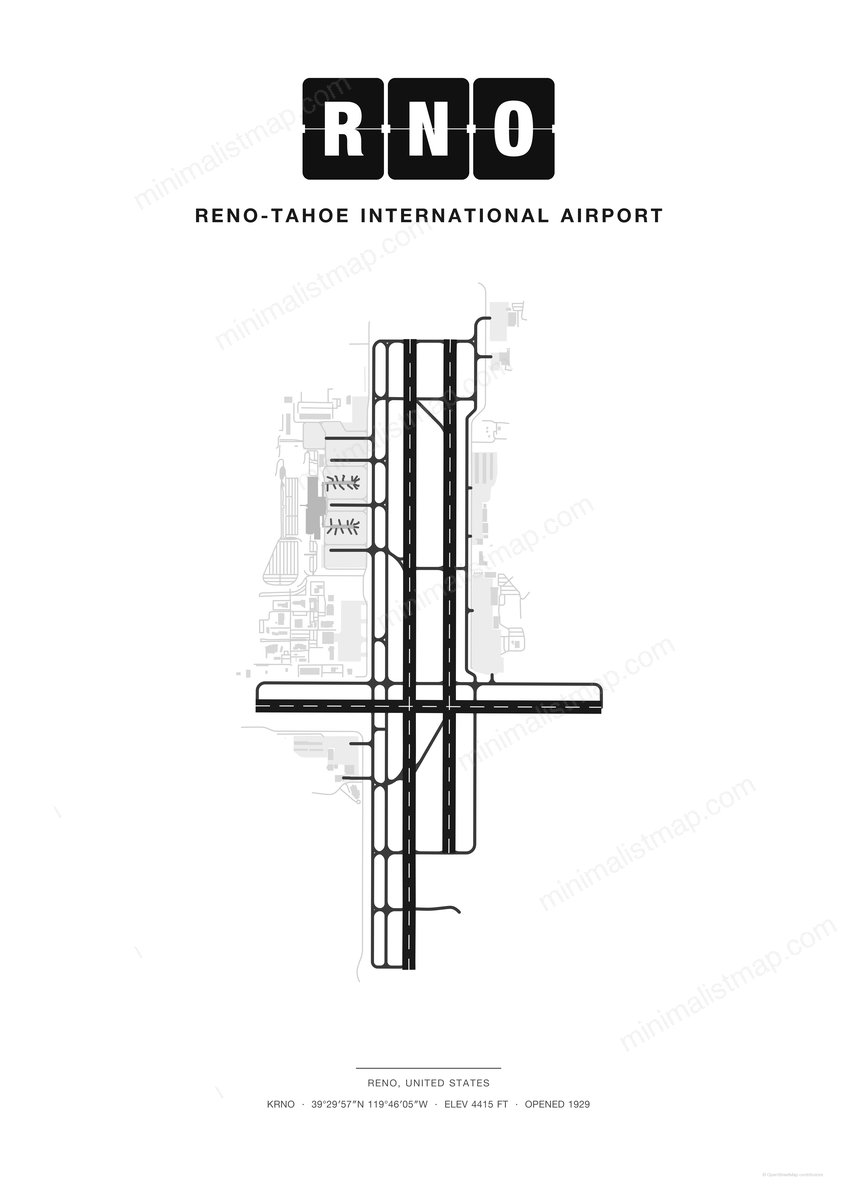 RNO Reno-Tahoe International Airport map poster, Classic style, minimalist black and white airport map