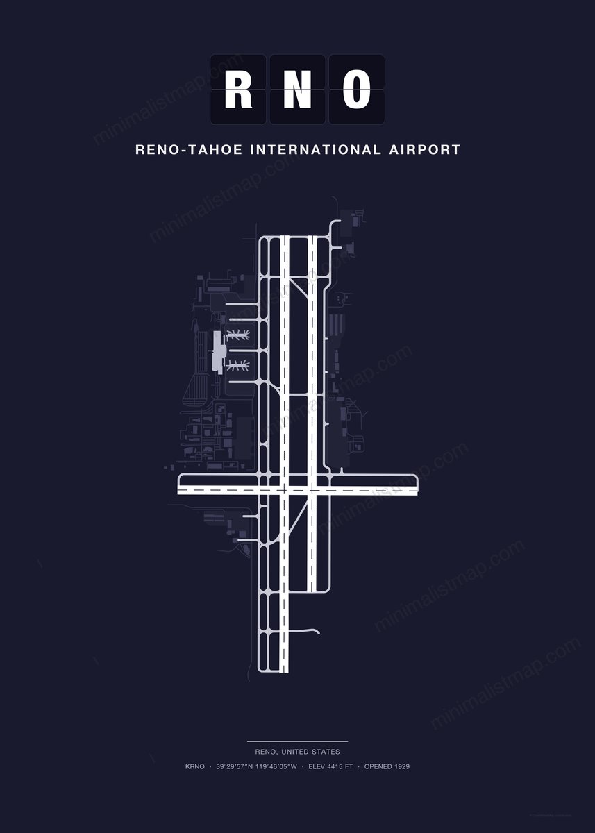 RNO Reno-Tahoe International Airport map poster, Dark style, minimalist navy airport map