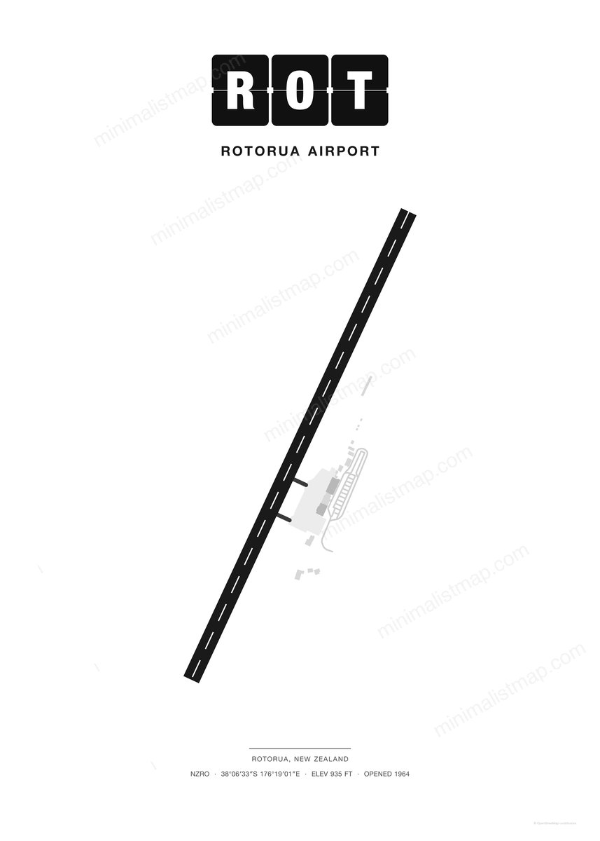 ROT Rotorua Airport map poster, Classic style, minimalist black and white airport map