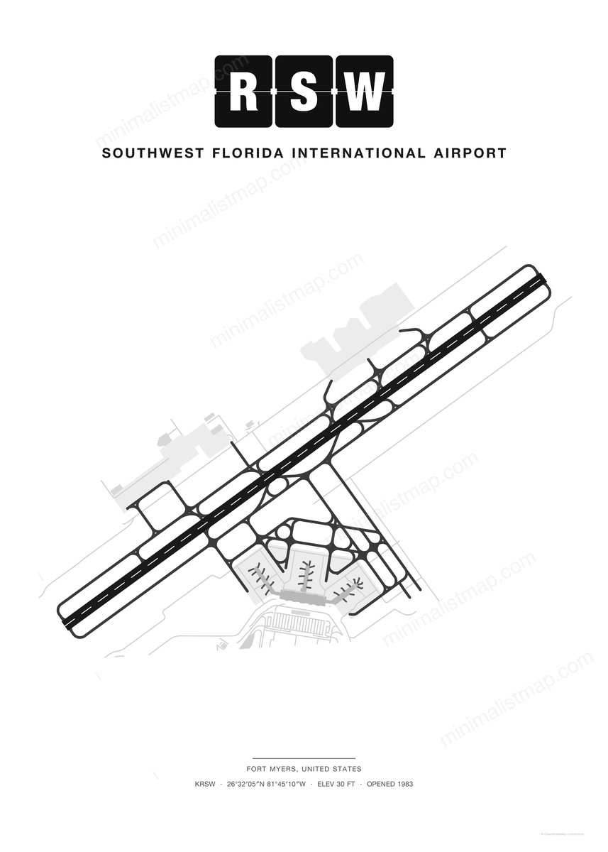 RSW Southwest Florida International Airport map poster, Classic style, minimalist black and white airport map