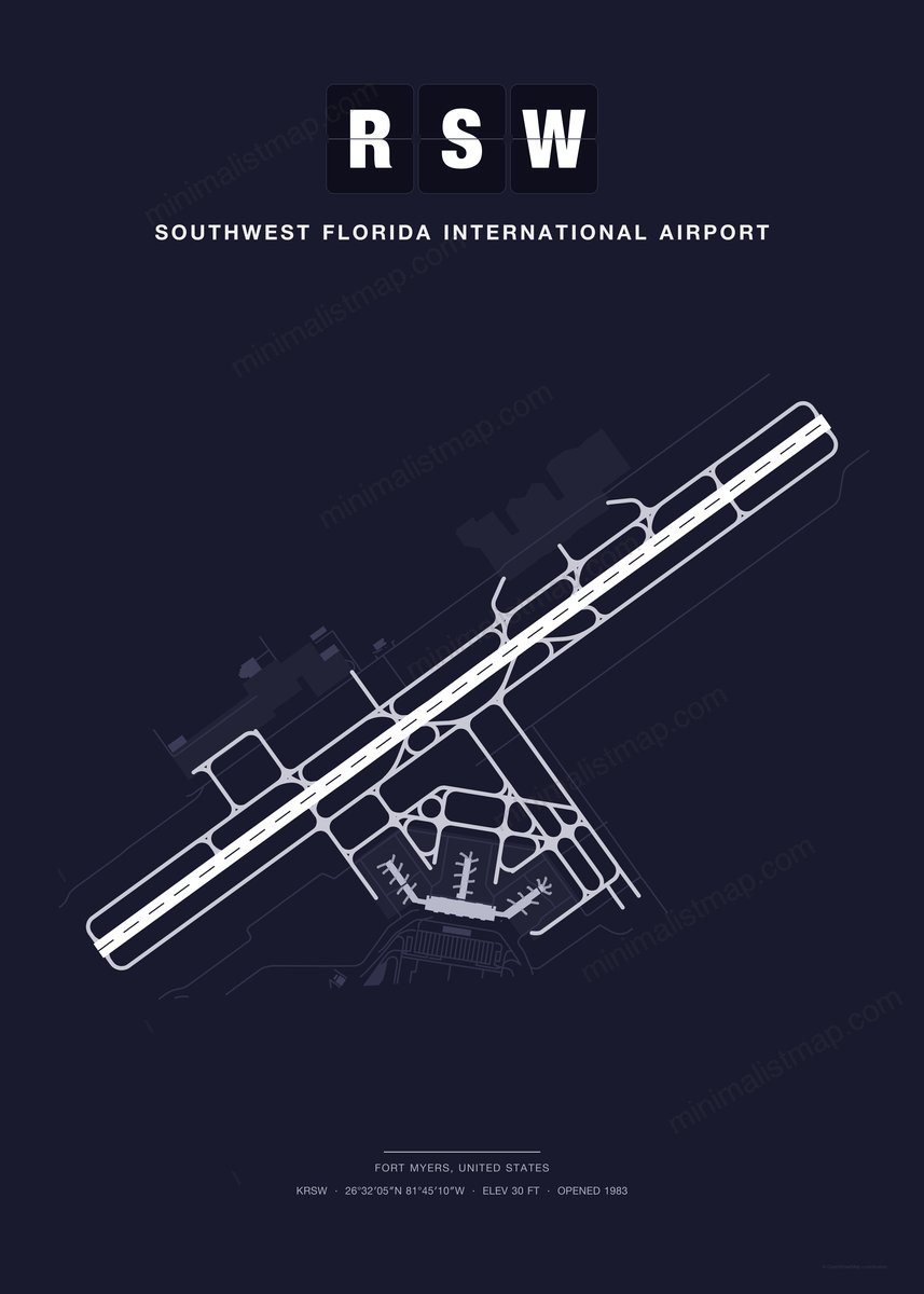RSW Southwest Florida International Airport map poster, Dark style, minimalist navy airport map
