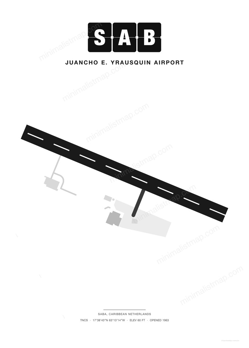 SAB Juancho E. Yrausquin Airport map poster, Classic style, minimalist black and white airport map