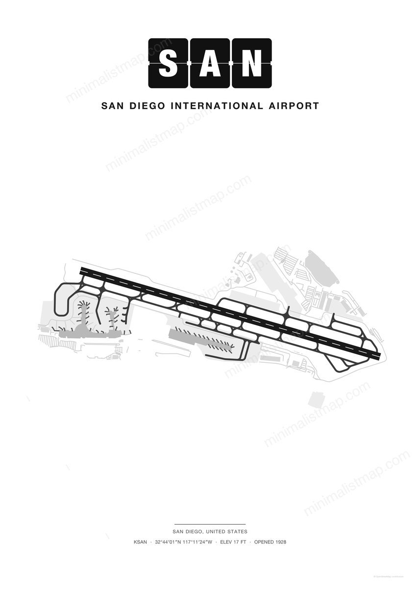 SAN San Diego International Airport map poster, Classic style, minimalist black and white airport map