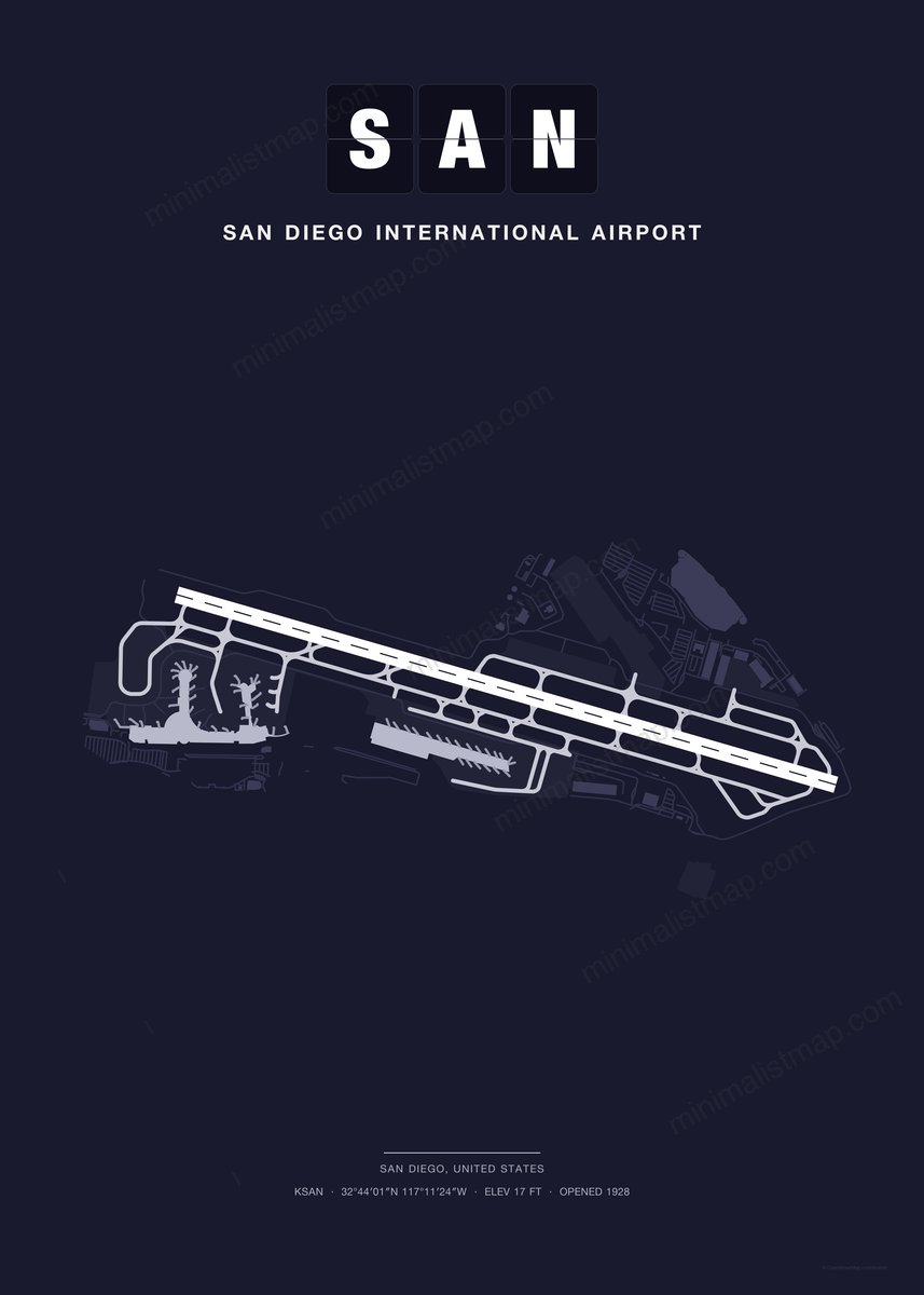 SAN San Diego International Airport map poster, Dark style, minimalist navy airport map