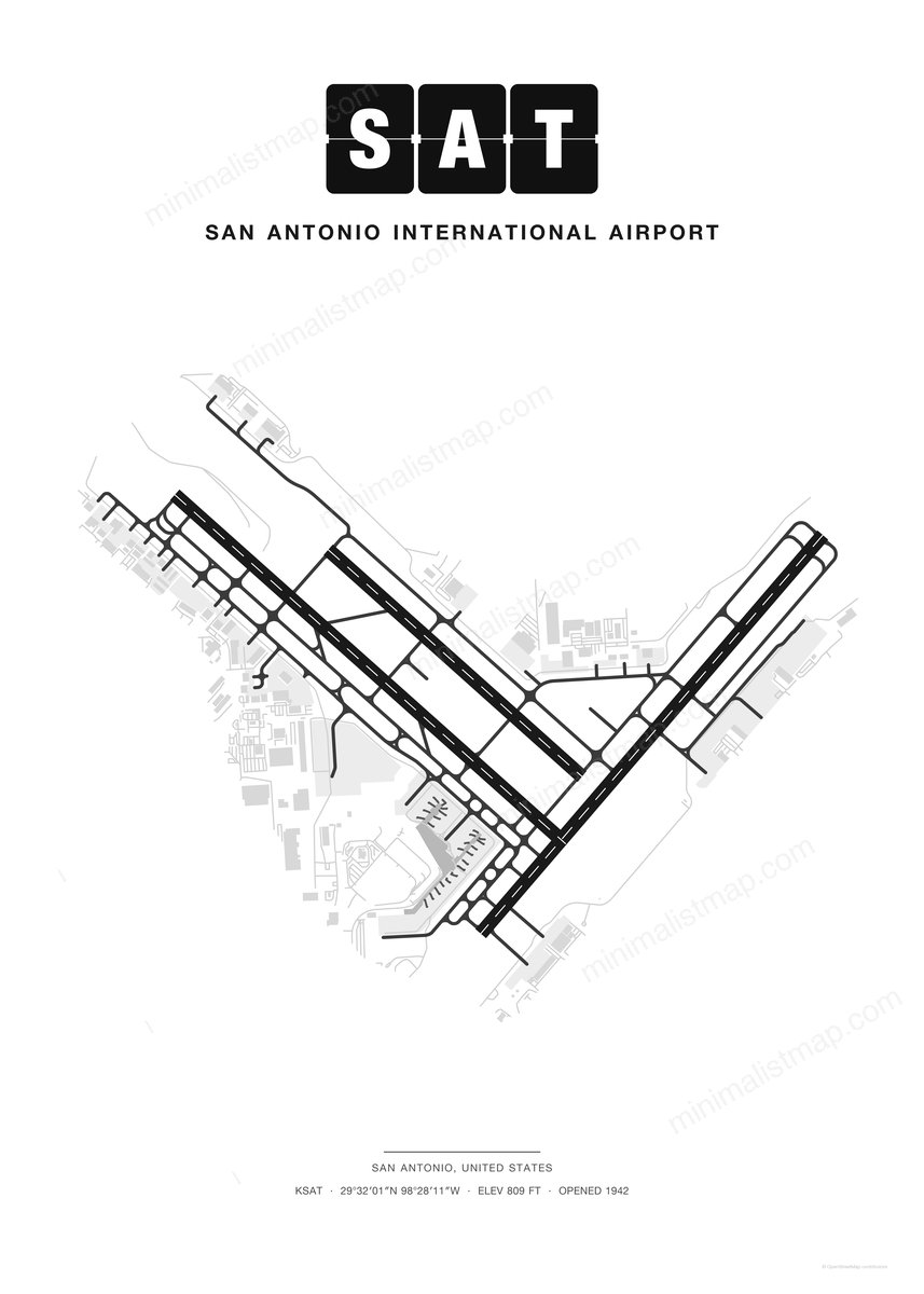 SAT San Antonio International Airport map poster, Classic style, minimalist black and white airport map