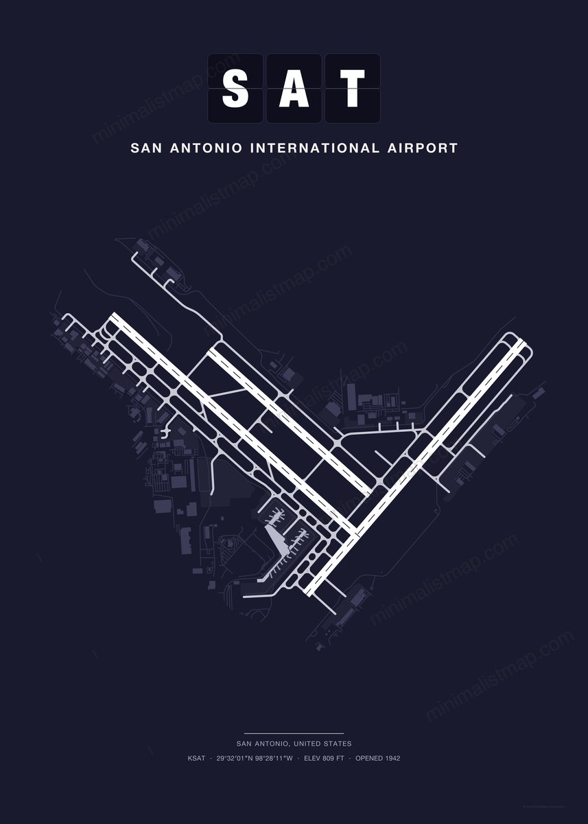SAT San Antonio International Airport map poster, Dark style, minimalist navy airport map