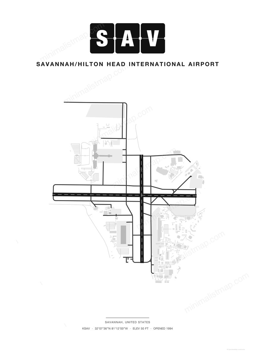 SAV Savannah/Hilton Head International Airport map poster, Classic style, minimalist black and white airport map
