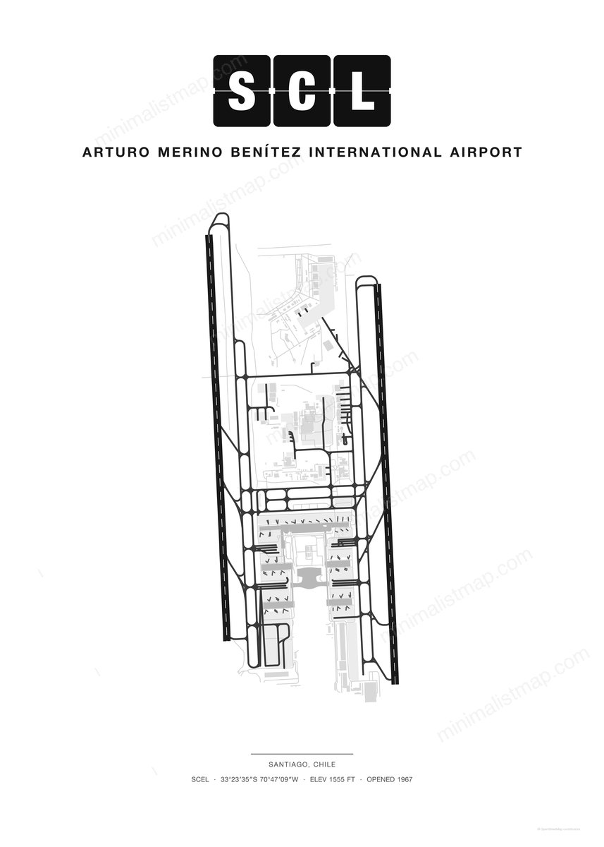 SCL Arturo Merino Benítez International Airport map poster, Classic style, minimalist black and white airport map