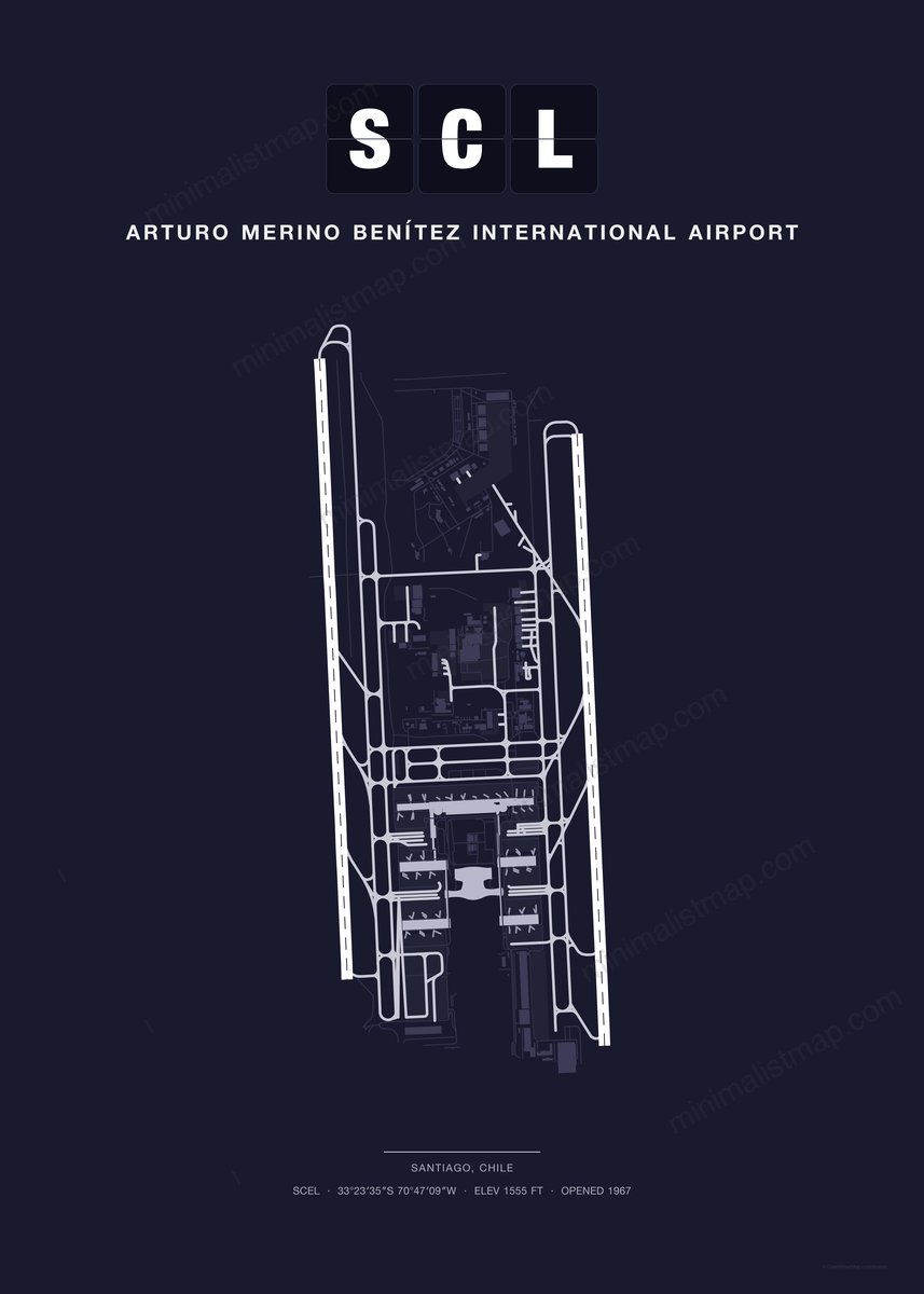SCL Arturo Merino Benítez International Airport map poster, Dark style, minimalist navy airport map