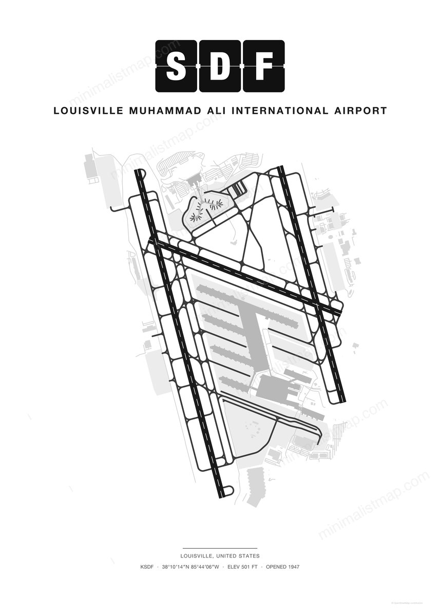 SDF Louisville Muhammad Ali International Airport map poster, Classic style, minimalist black and white airport map