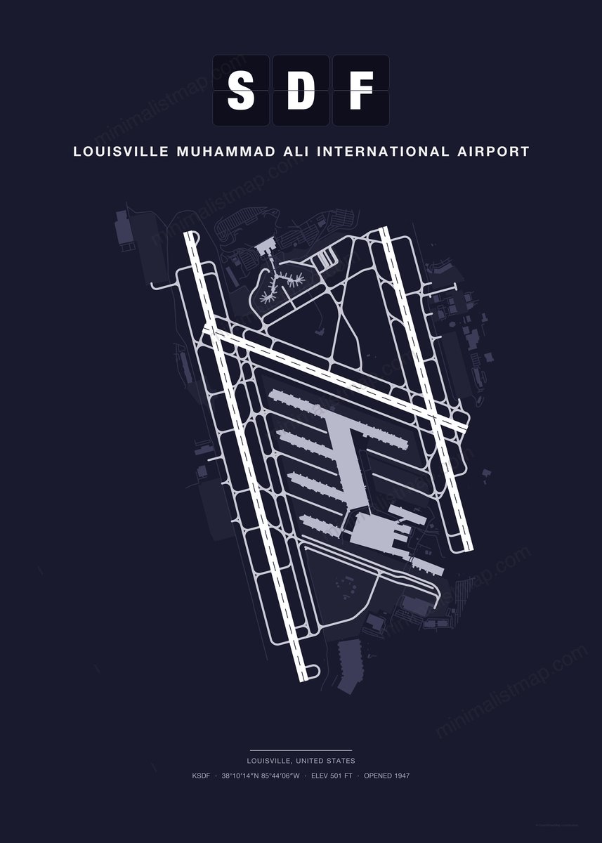 SDF Louisville Muhammad Ali International Airport map poster, Dark style, minimalist navy airport map