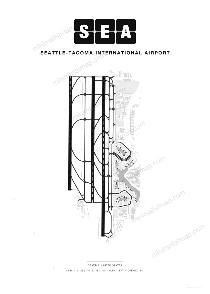 SEA Seattle-Tacoma International Airport map poster, Classic style, minimalist black and white airport map