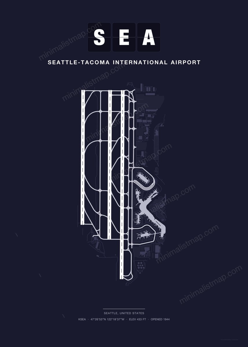 SEA Seattle-Tacoma International Airport map poster, Dark style, minimalist navy airport map