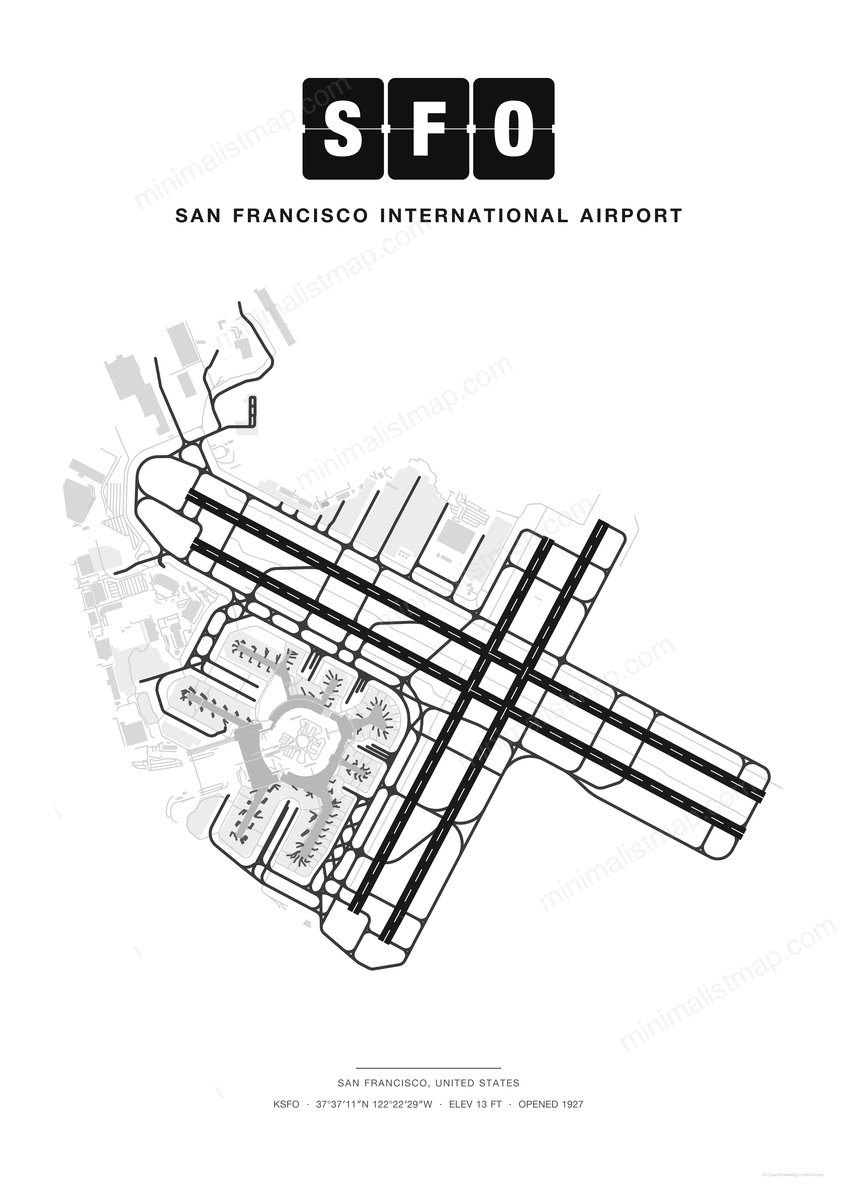 SFO San Francisco International Airport map poster, Classic style, minimalist black and white airport map