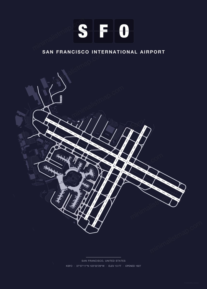 SFO San Francisco International Airport map poster, Dark style, minimalist navy airport map
