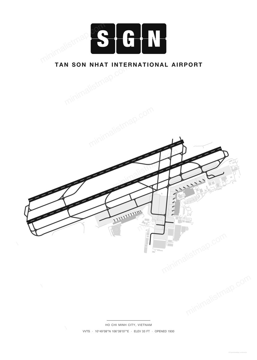 SGN Tan Son Nhat International Airport map poster, Classic style, minimalist black and white airport map