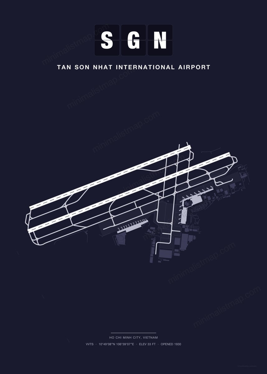 SGN Tan Son Nhat International Airport map poster, Dark style, minimalist navy airport map