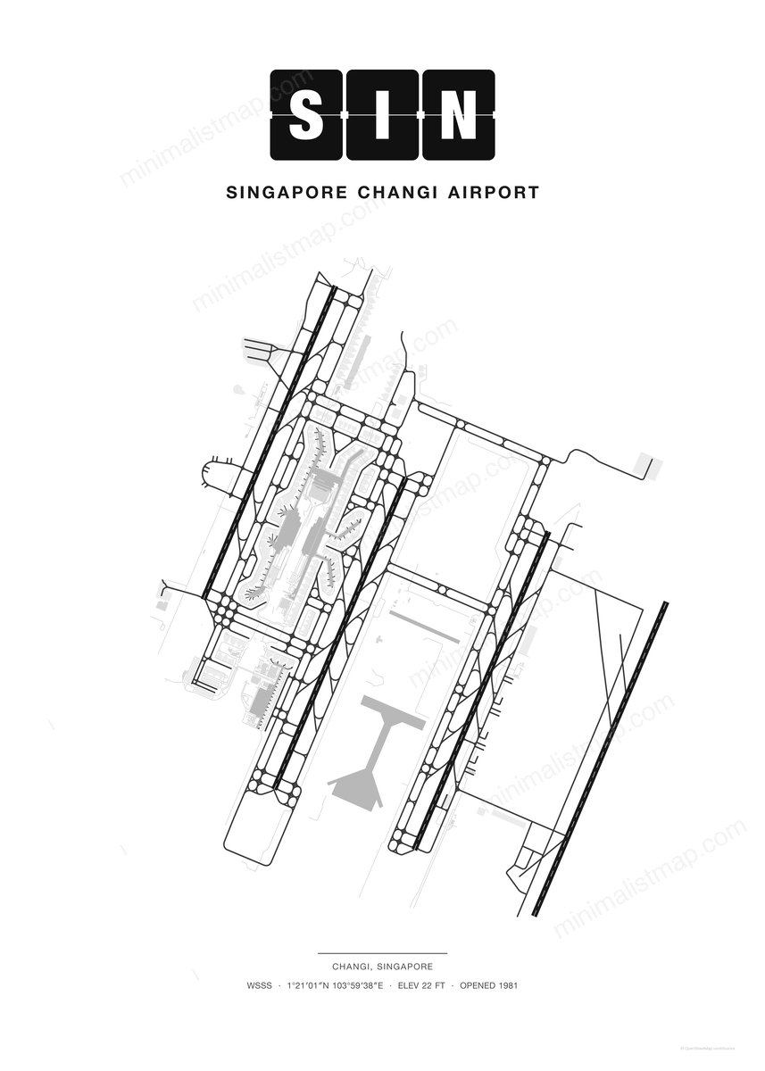 SIN Singapore Changi Airport map poster, Classic style, minimalist black and white airport map