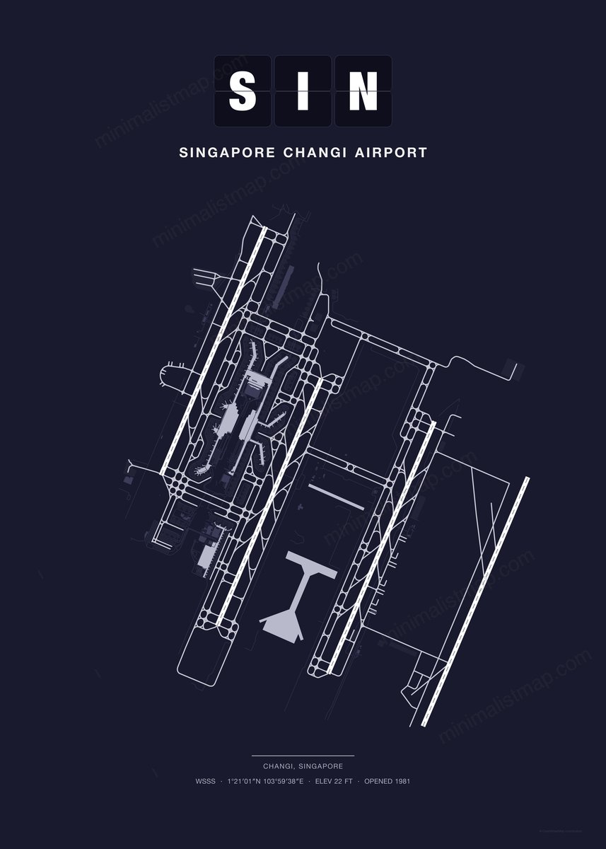 SIN Singapore Changi Airport map poster, Dark style, minimalist navy airport map