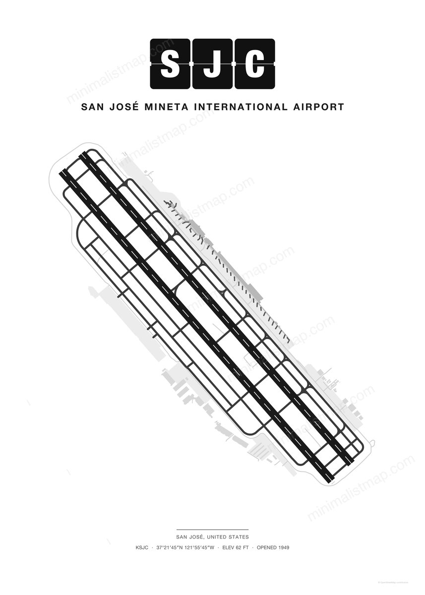 SJC San José Mineta International Airport map poster, Classic style, minimalist black and white airport map