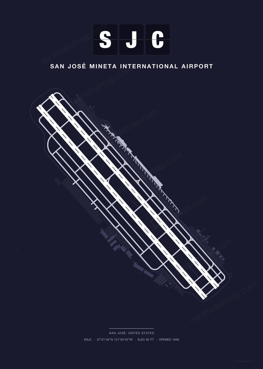 SJC San José Mineta International Airport map poster, Dark style, minimalist navy airport map