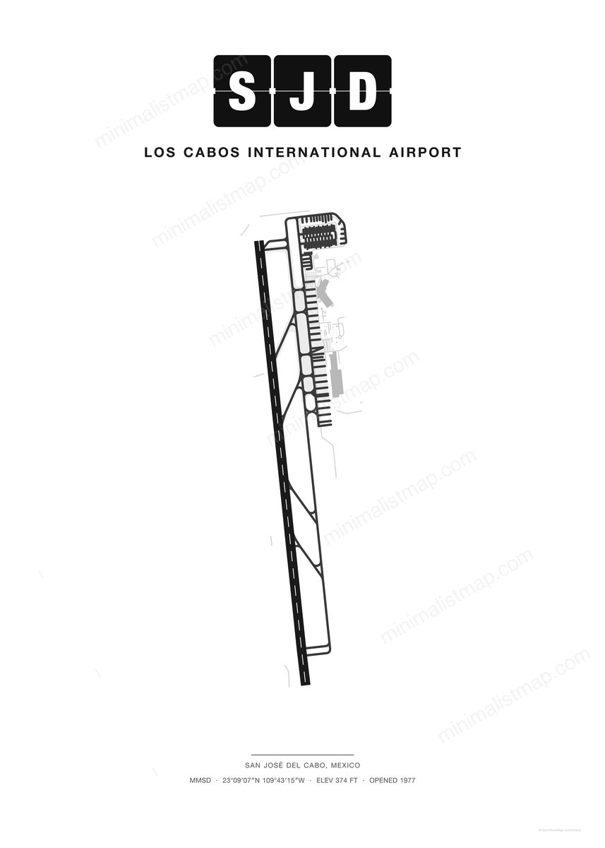 SJD Los Cabos International Airport map poster, Classic style, minimalist black and white airport map