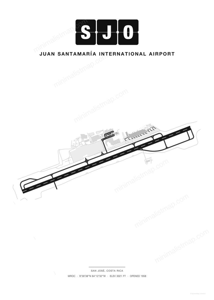 SJO Juan Santamaría International Airport map poster, Classic style, minimalist black and white airport map